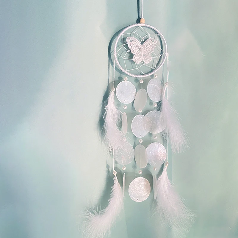 

New White Feather Mirror Shell Dream Catcher Decoration Pendant Nordic Home Bedroom Balcony Shell Wind Chime Scandinavian Decor
