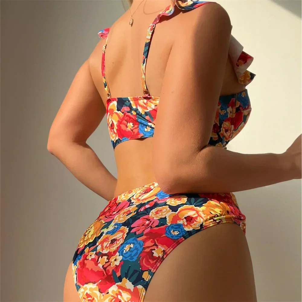 Милый бикини с оборками и цветочным принтом купальник эффектом пуш-ап высокой
