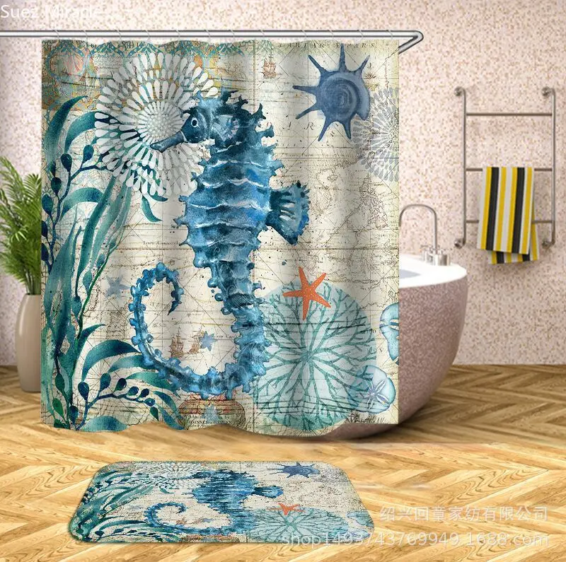 

Seahorse conch Marine animal world map waterproof Bathroom colorful Shower curtain