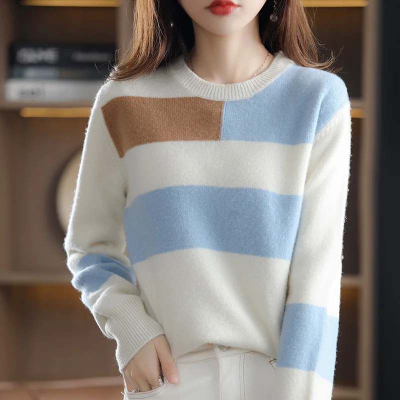 

Женский свитер из чистой шерсти 100%, пуловер с круглым вырезом, модный Свободный вязаный свитер сочетающихся цветов на осень/зиму, 2023