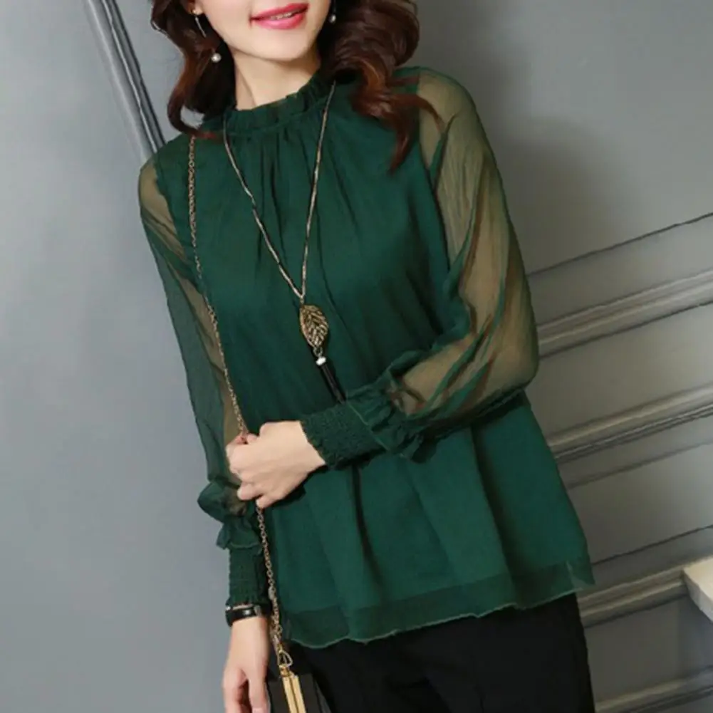 Женская шифоновая рубашка шикарная прозрачная с сетчатым рукавом элегантная