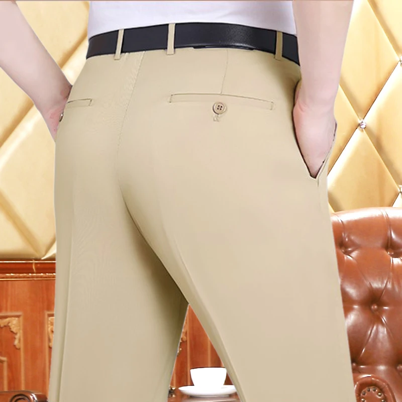 Негладимые мужские костюмные брюки из ледяного шелка свободные прямые с высокой