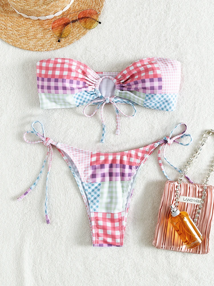 Милые комплекты бикини SUNSIREN с вырезами Женский клетчатый купальник из двух