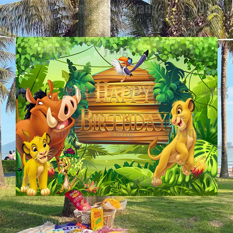 

Lovely Custom Cartoon Disney Lion King Simba Zazu Hornbill Happy Birthday Party Outdoor Jungle Backdrop Backgrounds Decoration