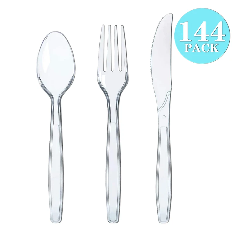 

48/96/144/216pcs Plastic Cutlery Disposable Tableware Dinnerware Crystal Knife Fork Spoon For Party Household Supplies