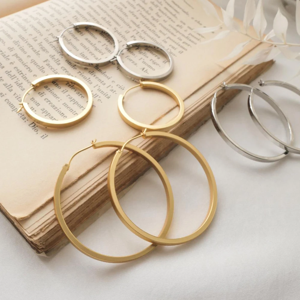 

Винтажные гипоаллергенные широкие большие золотые плоские серьги-кольца из нержавеющей стали для женщин, ювелирные изделия