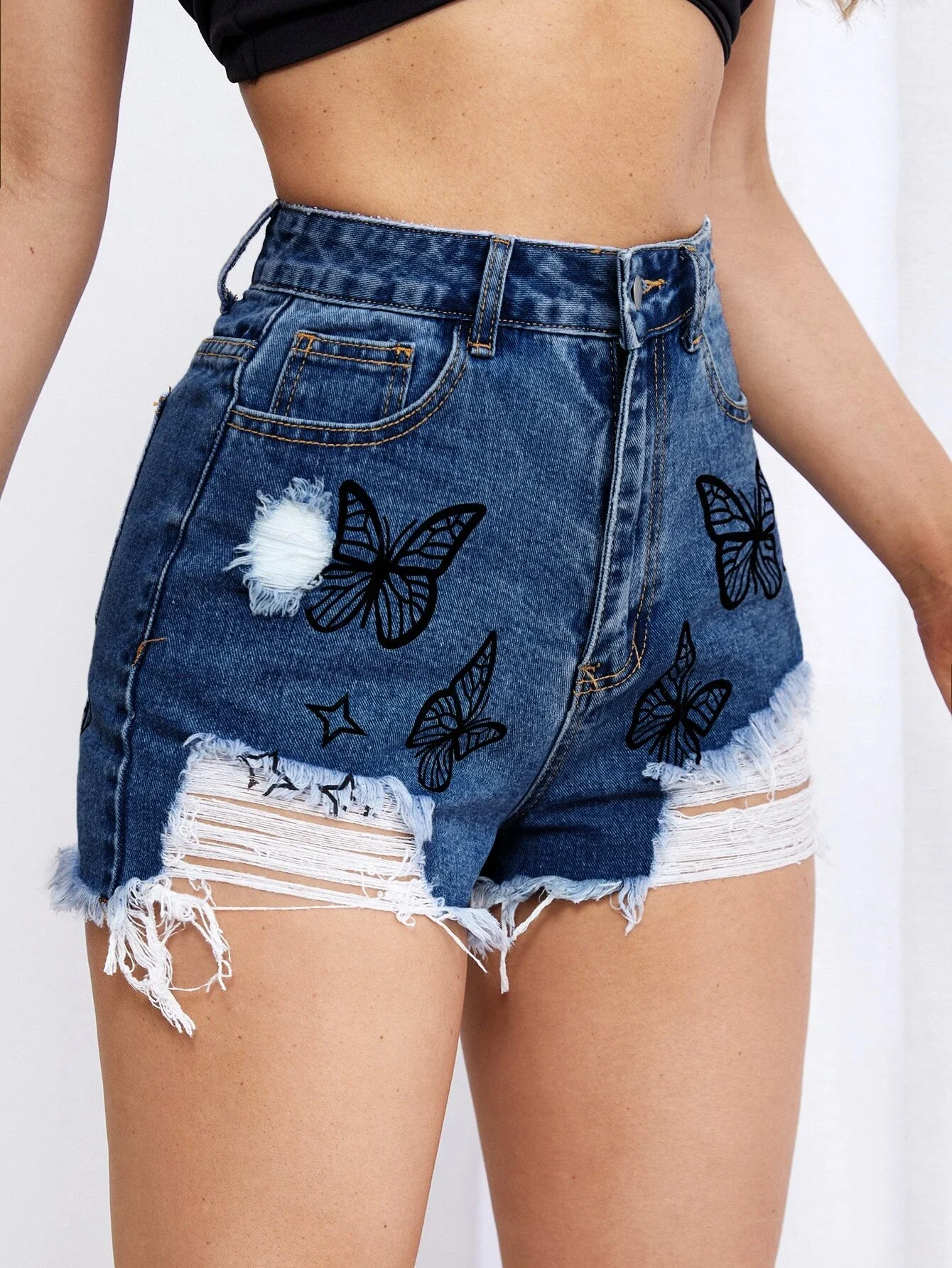

Butterfly Print Ripped Frayed Raw Hem Denim Shorts