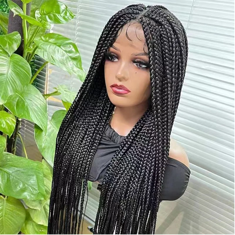 Natural 36 inch Glueless Braid Africa Braided Full Lace Front Wigs For Black Women 32 Inches Box Braided Wigs With Baby Hair