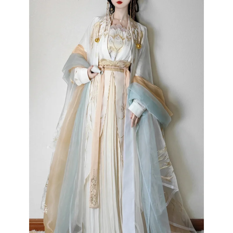 Фото Song Dynasty Hanfu — женский комплект Ruqun с вышивкой золотых перьев — элегантный сказочный стиль с широкими рукавами, новая коллекция весны и лета №4