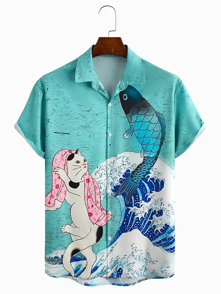 

Мужская Повседневная дышащая рубашка с коротким рукавом и принтом Ukiyo-e