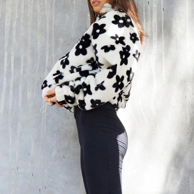 WeiYao Floral Print Pluffy Faux Fur Coats Women Zip Up Turtleneck Long Sleeve Winter Clothes Street Style Y2K Fashion Pullover