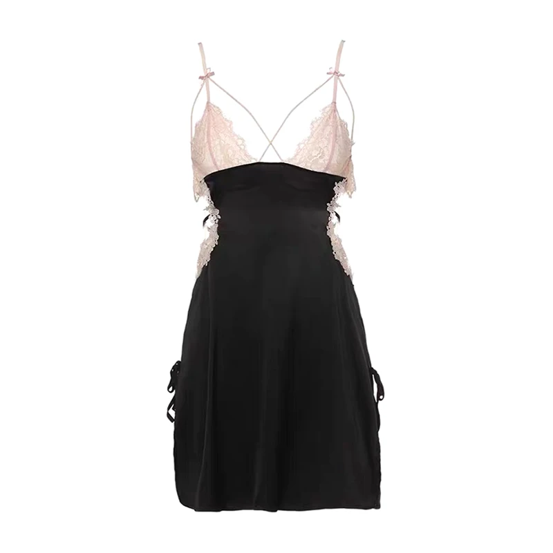 

Sexy Black Super Slimming Nightdress Lace Beautiful Back Sling Spring and Summer Dress Women Hollow out Ice Silk Thin