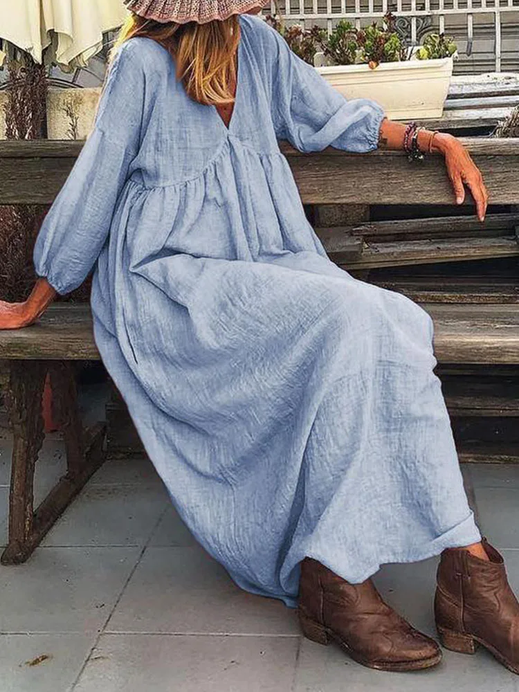 

2022 Simple Style V Neck Dress New Fashion Loose Long Maxi Dresses Streetwear Elegant Solid Long Sleeve Casual Pullover Dress
