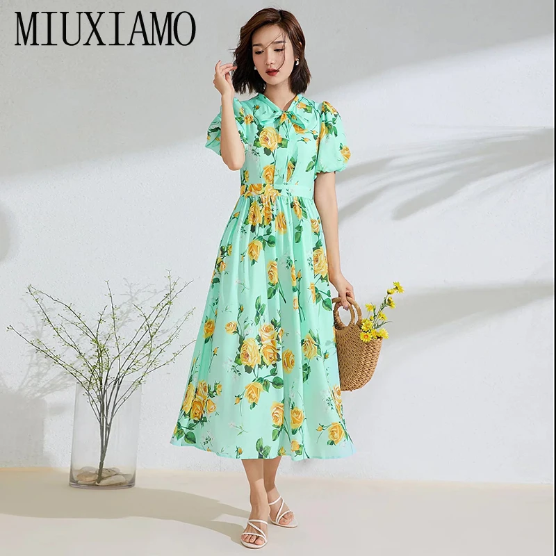 MIUXIMAO 2022 High Quality Spring&Summer Elegant Dress Short Sleeve Bow Print Fashion Casual Long Dress Women Vestides