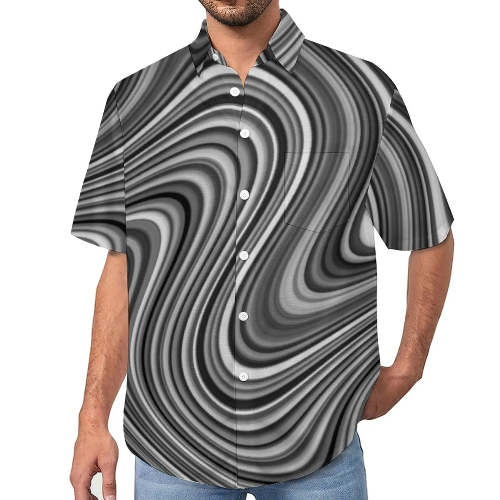 

Curvy Lines Beach Shirt Black White Grey Summer Casual Shirts Male Y2K Blouses Short-Sleeved Graphic Clothing Big Size 3XL 4XL