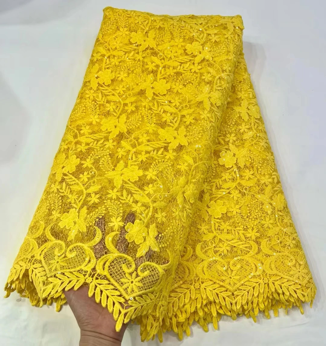 

Yellow Nigerian Guipure Lace Water Soluble Fabric 2022 High Quality Embroidered African Cord Laces Mesh Fabric