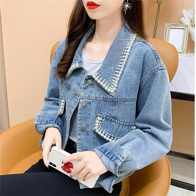 

Винтажная синяя джинсовая куртка с бисером, женские короткие пальто, куртка на весну и осень, корейская модная дизайнерская одежда, Универсальные женские топы