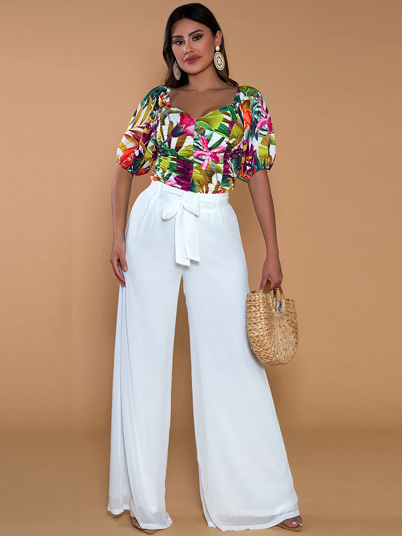 

Vintage Blouse Women Sets Summer Clothes Floral Print Short Sleeve Shirt Top Wide Leg Pants Suit Fashion Two Piece Set Outfits