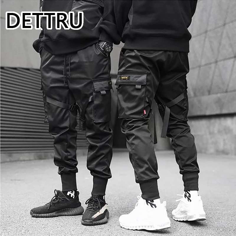 

Men Joggers Harajuku Sweatpant Hip Hop Trousers Men Ribbons Color Block Black Pocket Cargo Pants Harem
