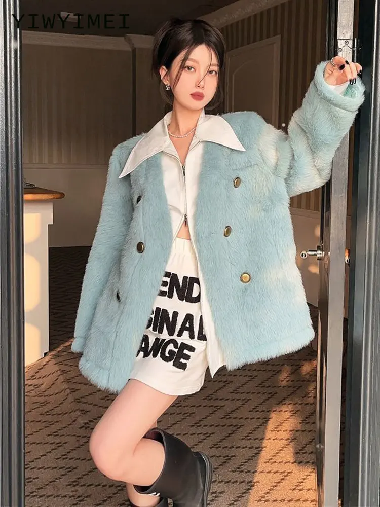 

2022 New Fashion Winter Jacket Women Faux Fur Coat Long Sleeve Lamb Wool Thick V Neck Warm Pocket Streetwear Outerwear Blue