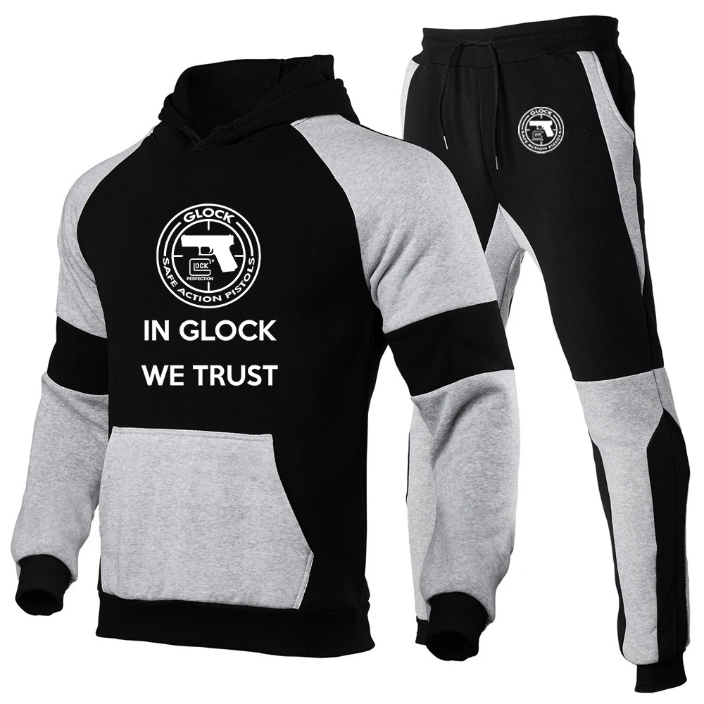 

2022 Glock Handgun USA Logo Autumn Winter Mens Fashion Stitching Jogging Sportswear Hooded Sweater Casual Pants Two-Piece Suit