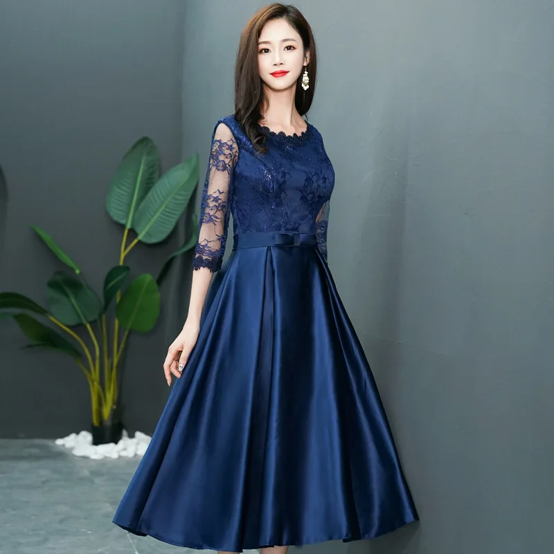 2023 New Medium Long Banquet Dress Slim Lace Half Sleeve Dresses Navy Blue Evening Dress nigh club party vestidos mujer S-2XL