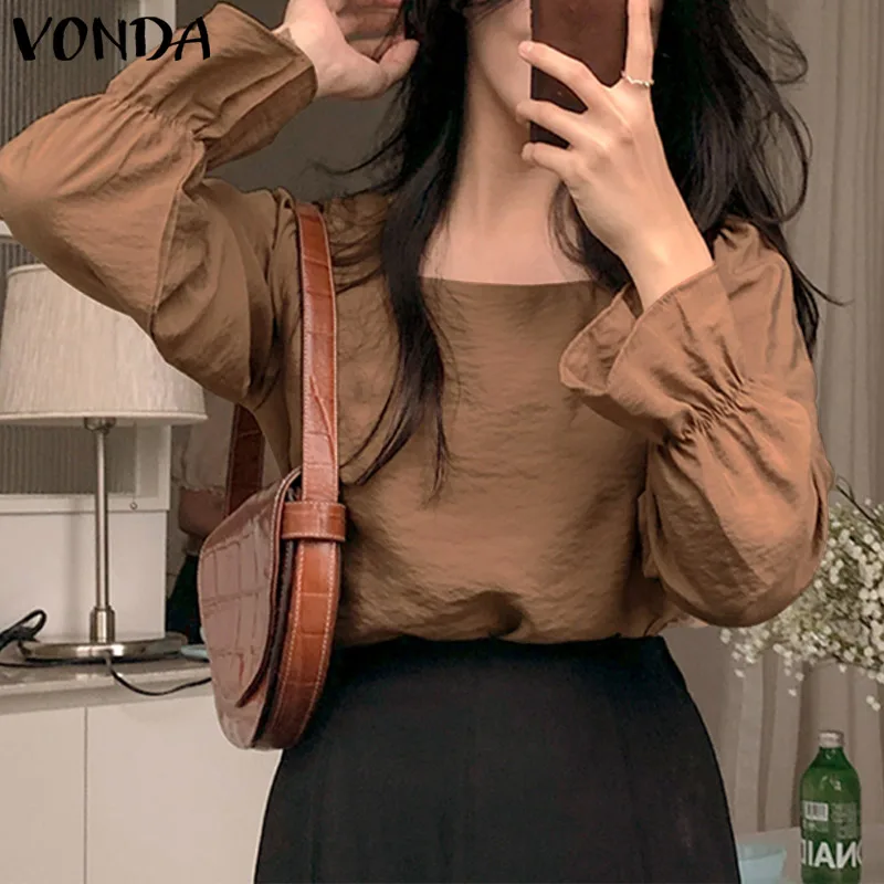 

2022 элегантная Весенняя женская однотонная блузка VONDA с длинным рукавом, мешковатая рубашка с квадратным вырезом, Женская Повседневная Туни...