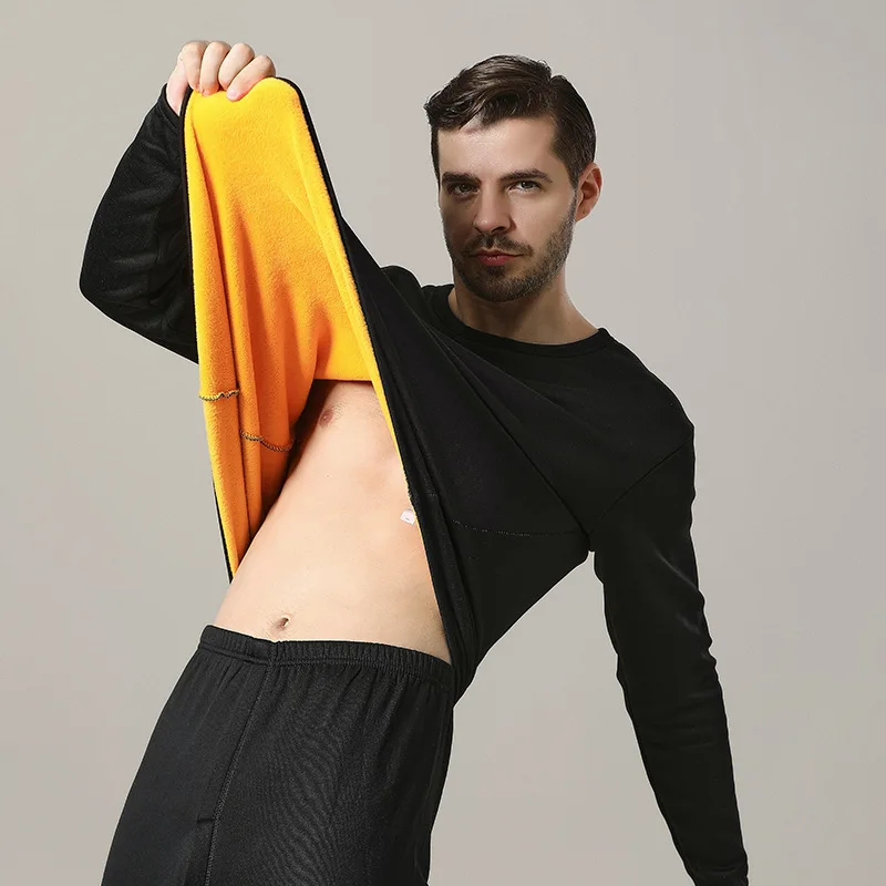 Winter Men's Warm Velvet Thermal Underwear Set Women Thick Solid O-Neck Tops Pants Two Piece Set Daily Cold-Proof Homewear Male