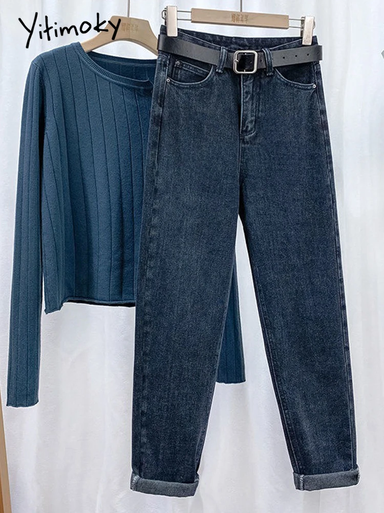 

Yitimoky Simple Blue High Waist Straight-Leg Jeans Spring Autumn Women Daily Casual All-Match Basic Slim-Fit Straight-Leg Jeans
