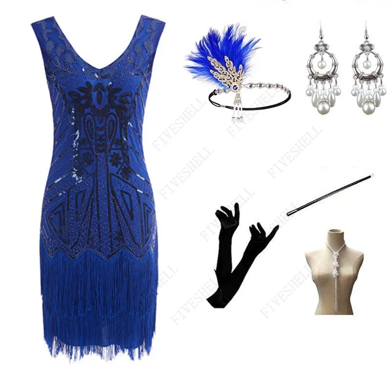 

1920s Flapper Dress Great Gatsby Party Evening Sequins Fringed Dresses Gown Dress with 20s Accessories Set Cosplay Costume