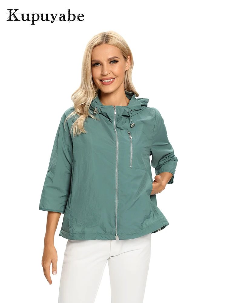 KUPUYABE Women's Hooded Windbreaker Fall 3/4 Sleeve Coat Loose Pocket Zip Windbreaker