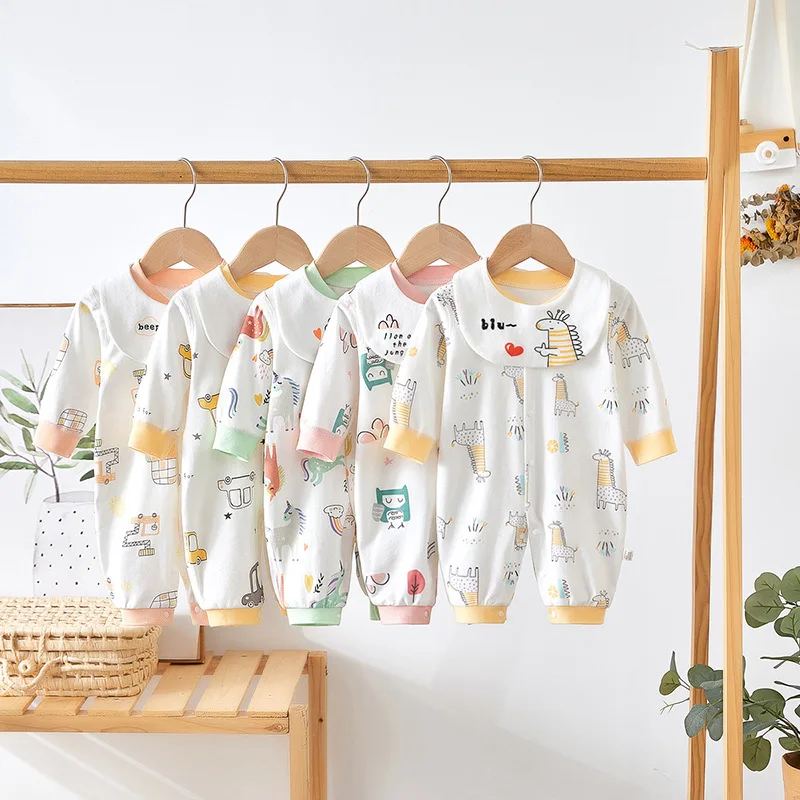 

Newborn Baby Clothes Spring Sutumn Soft Rompers Infant Baby Boy Girls Cartoon Dinosaur Jumpsuit With Bib Climbing Pajamas Onesie