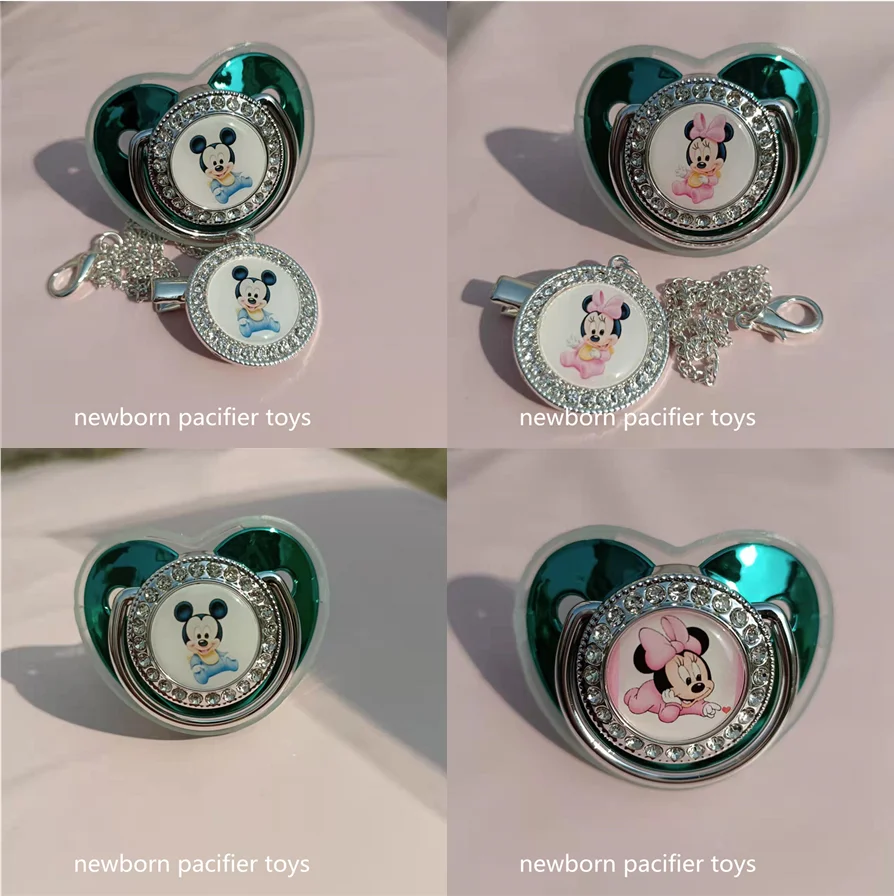 

Disney Rhinestone Metallic Teal Green Babi Pacifier with Pacifier Chains Newborn PBA Free Silicone Dummy Soother Bebes Pacifier