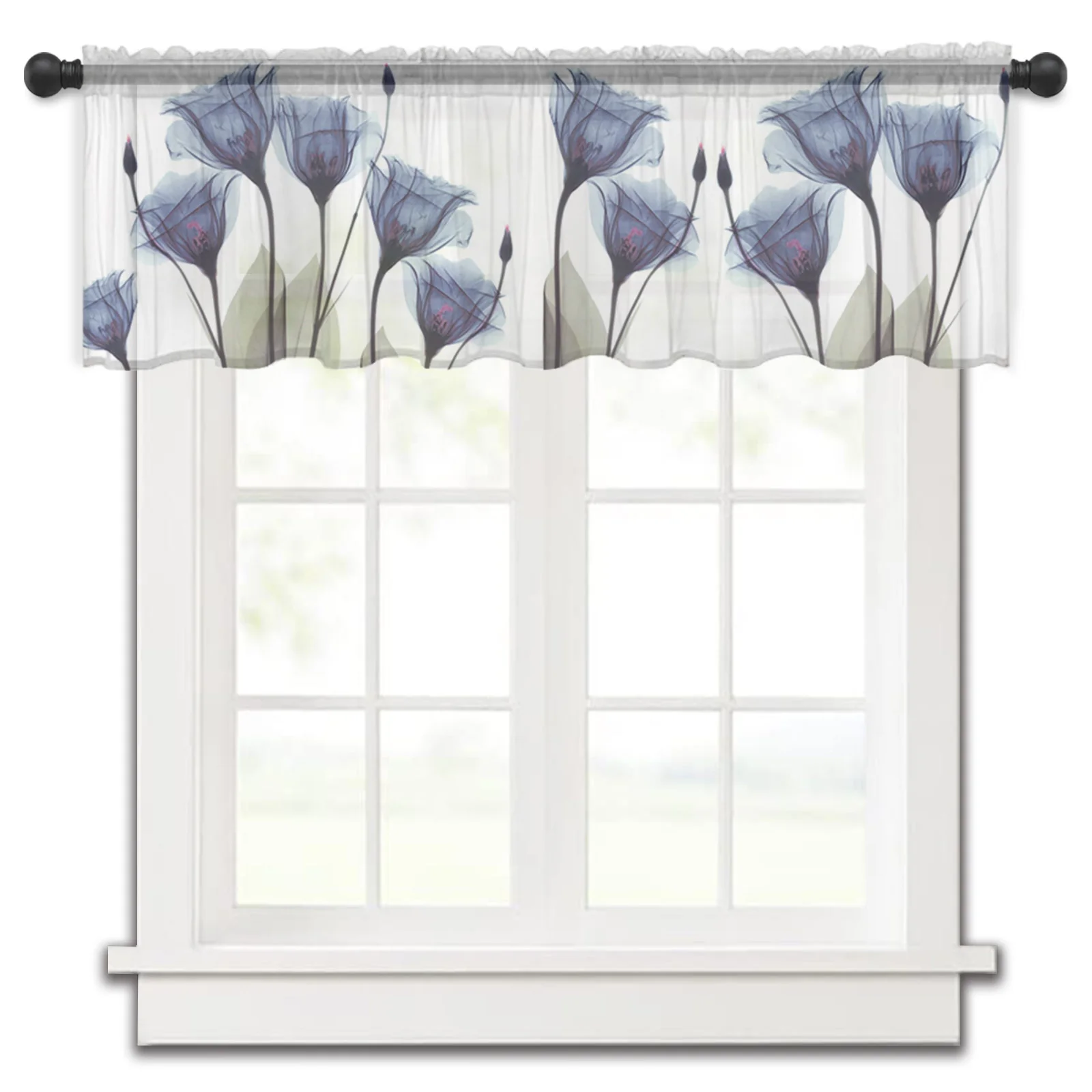 

Flower Summer Idyllic Blue Tulip Kitchen Small Curtain Tulle Sheer Short Curtain Bedroom Living Room Home Decor Voile Drapes