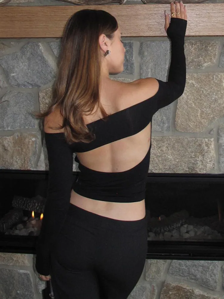 

Женский укороченный топ с открытой спиной Macheda, черный топ с вырезом лодочкой и длинным рукавом в Корейском стиле, уличная одежда, y2k