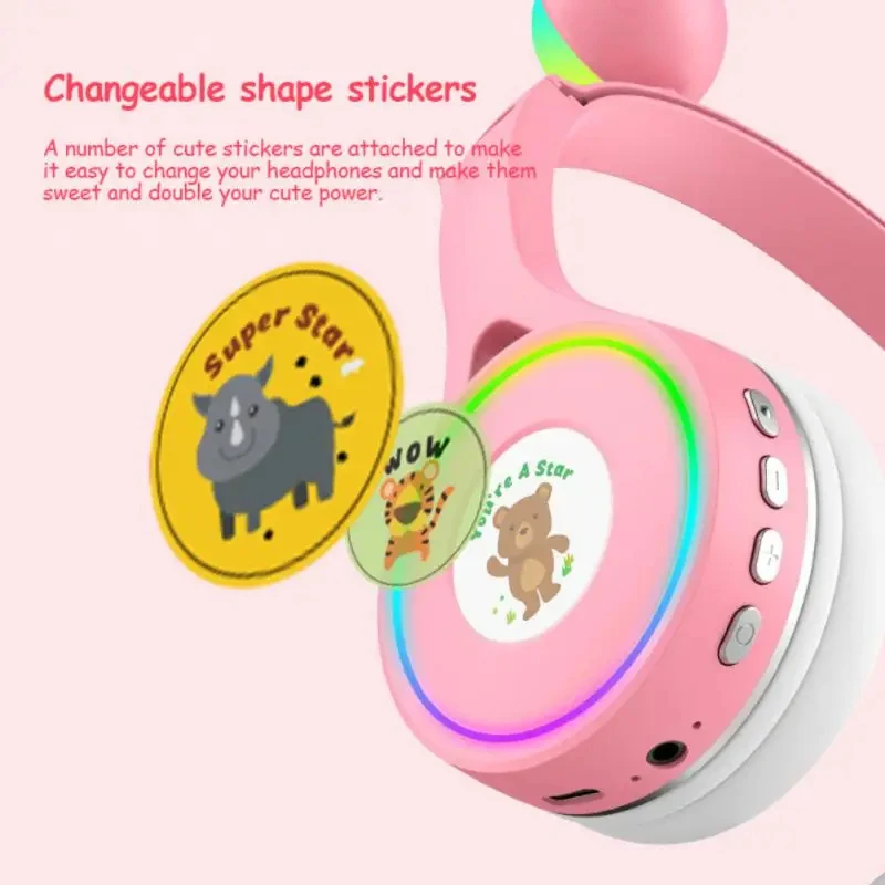 Светодиодные наушники Cute Eyes para crianças infantil cabeça montada luminosa sem fio RGB Blue-tooth V5.1 fones de ouvido