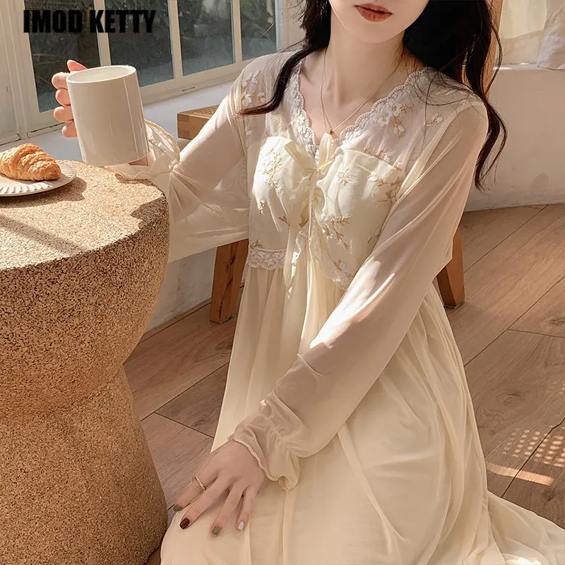 

Embroider Harajuku Mesh Long Sleeve Robe Sexy Sleepwear Princess Nightwear Fairy Romantic Nightgown Sweet Lace Night Dress Women