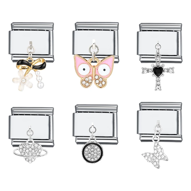 1PC Stainless Steel Charm Love Heart Cross Butterfly Pendant Italian Module DIY Splicing Links Bracelet Jewelry Findings