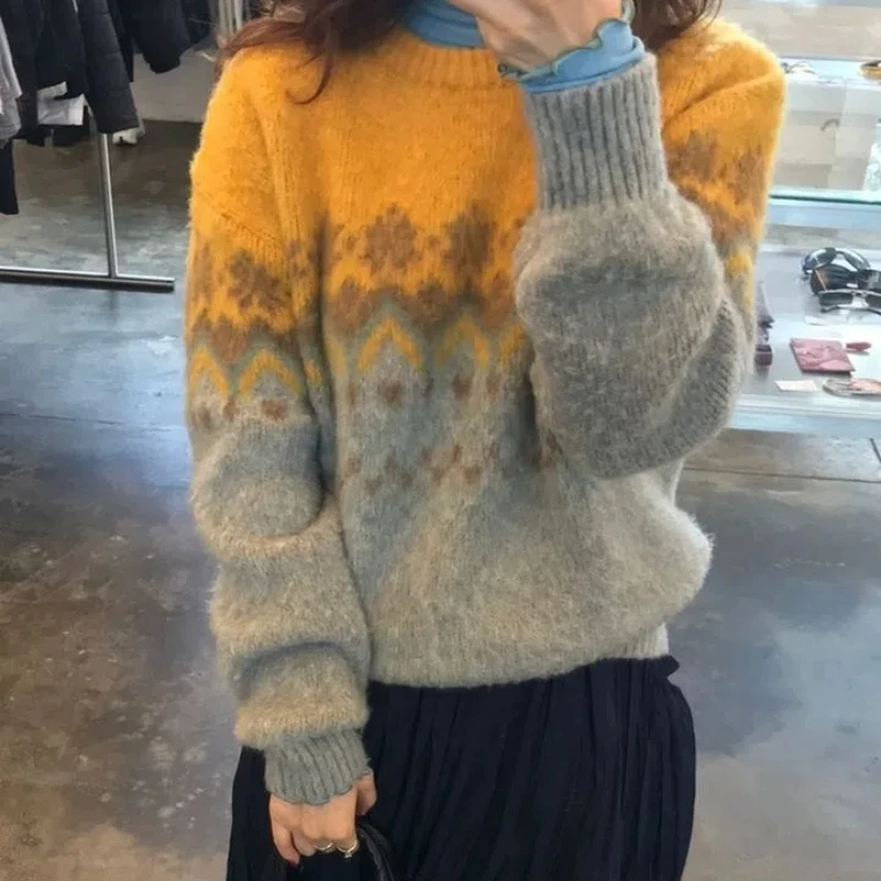 Осень 2024 новинка Южной Кореи Dongdaemun Siene жаккардовый свитер с круглым вырезом
