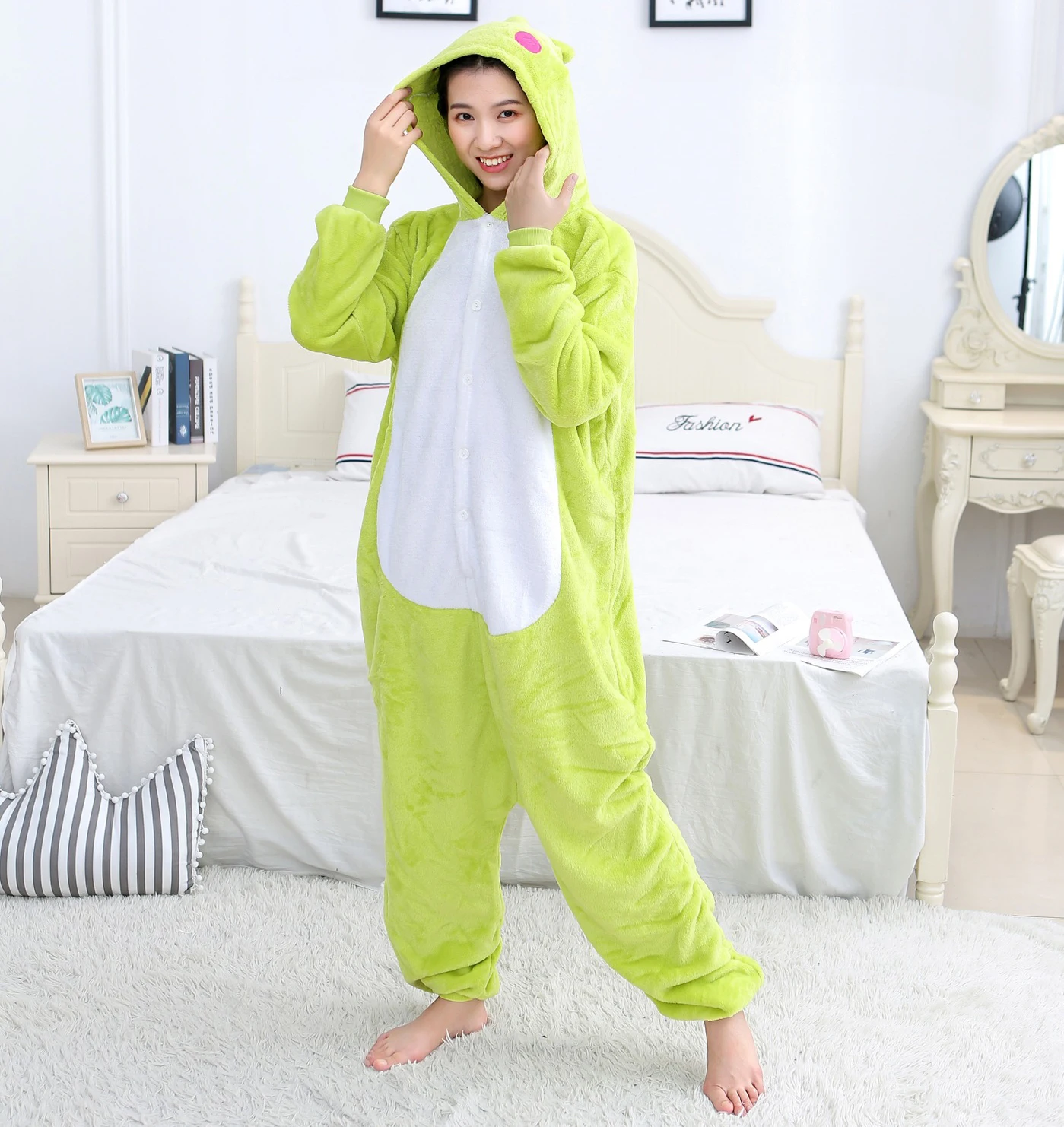 Adults Kigurumi Onesie Women Flannel Sleepwear Unisex Green Frog Cartoon Animal Pajamas Sets Winter Warm Flannel Hooded Pyjamas