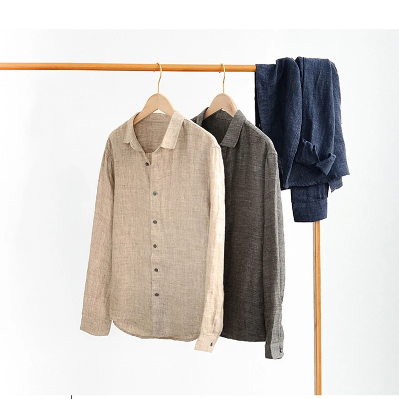 

Рубашка мужская из натурального льна, дышащая безвредная для кожи, винтажная Повседневная Свободная тонкая с длинным рукавом, с лацканами, в японском стиле, лето