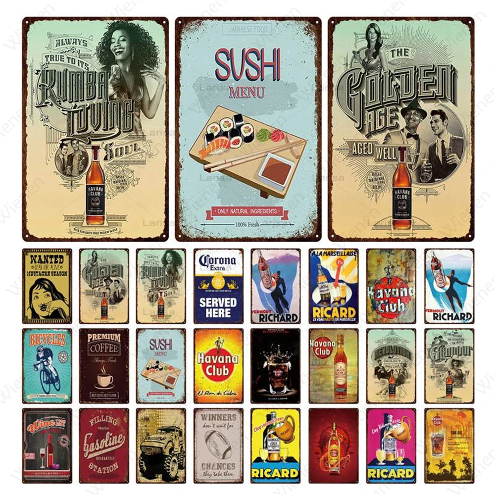 

Retro Wine Plaque Whiskey Metal Tin Signs Painting Coffee Sushi Menu Metal Poster Vintage Wall Art Sticker Pub Bar Home Decor