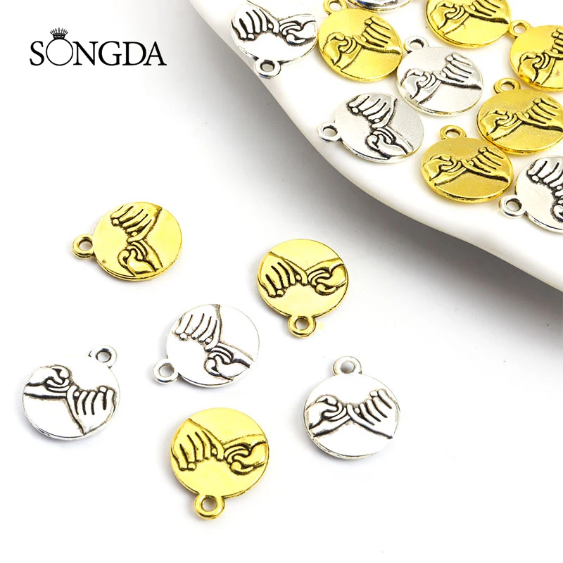

15pcs Friendship Forever Hand Agreement Charms Antique Silver/Gold Color Round Hold Hands Alloy Pendant Making DIY Handmade Gift