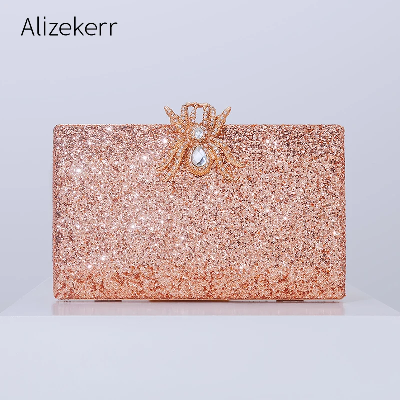 

Women Sequins Evening Clutch Bags Chic and Elegant Sparkling Crystal Pearl Chain Spider Box Purses And Handbags Wedding Party