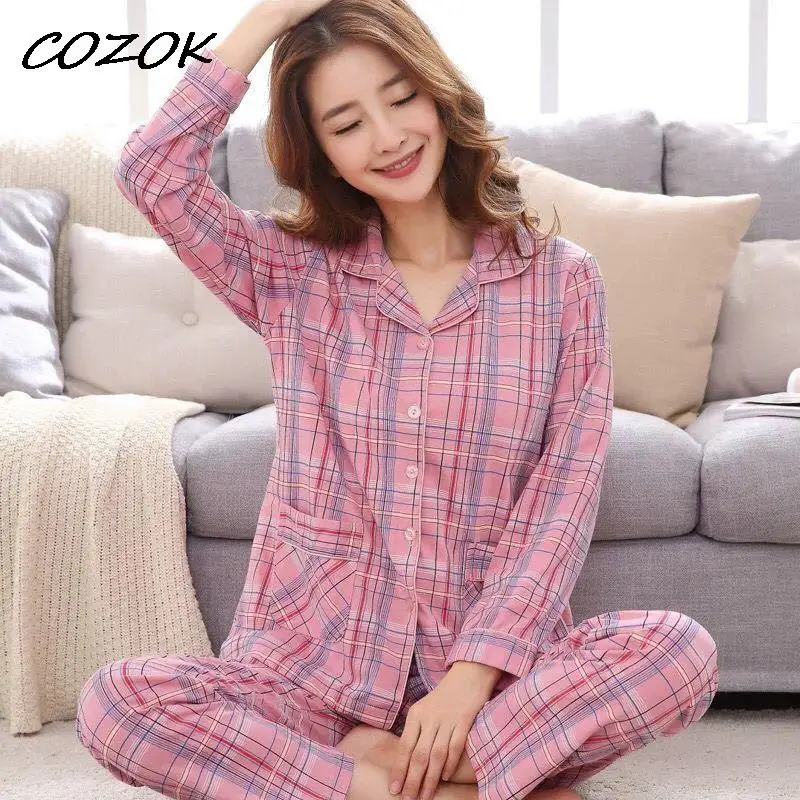 

COZOK Women's Pajamas Set 2 Pieces Cotton Sleepwear Home Clothes Large Size Nightwear Female Sets Outfits Nighties Summer Suit