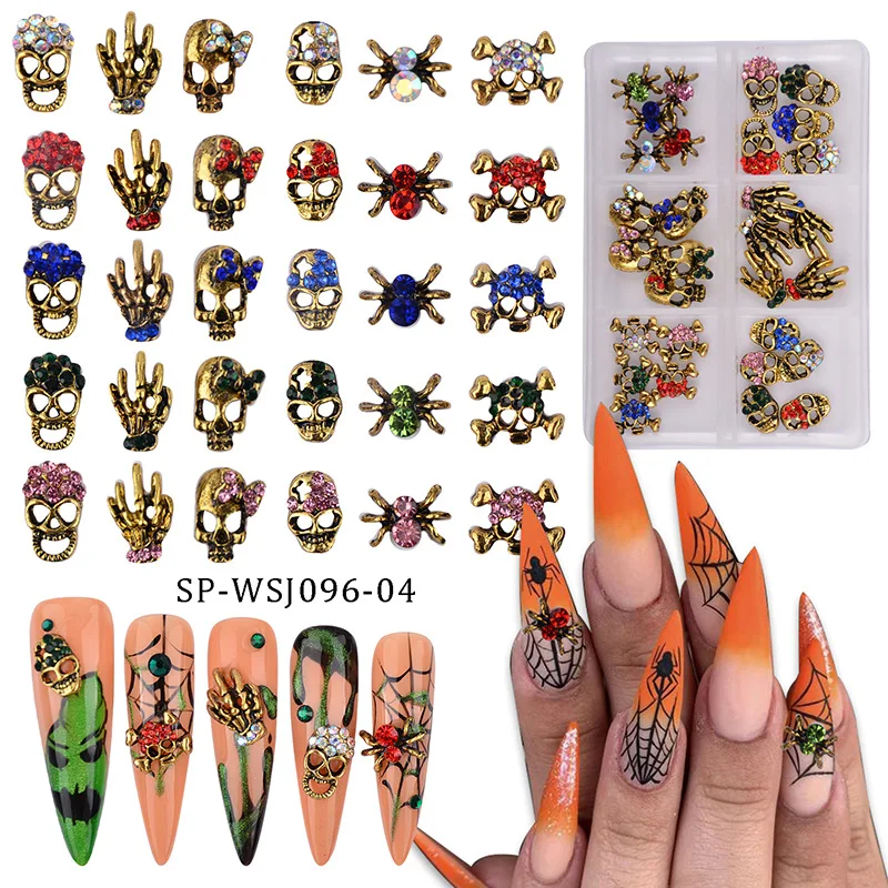 60Pcs Scary Halloween Nail Art Gold Silver Metal Spider Skull Hand Skeleton + Luxury Rhinestones Gems For Halloween Nail Charms enlarge