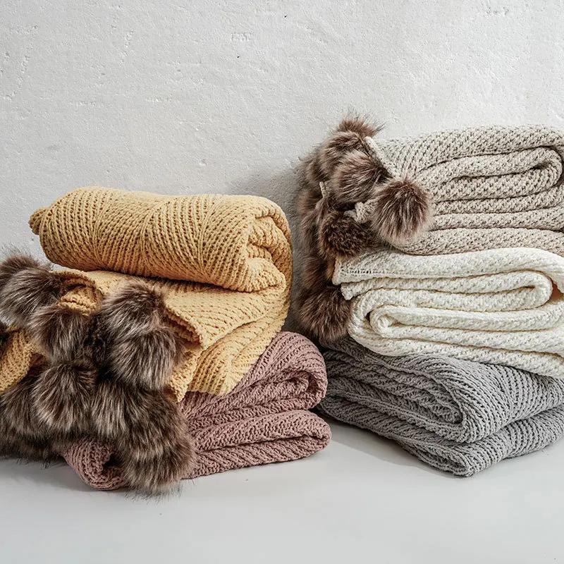 Inyahome Textured Knitted Throw Blankets with Fur Pompom Cozy Warm Winter Travel TV Nap Air Condition Bed Decorative Blankets