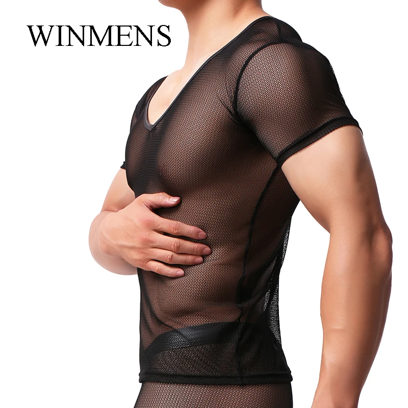 Men's Undershirt Black Mesh See Through Man Short Sleeve Cut-outs Breathable Sissy Sexy Tops V-neck Fitness Bodybuilding Shirts
