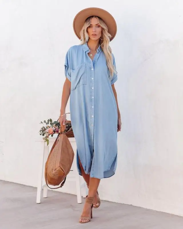 

Women Blue 2023 Korean Fashion Summer Pocket Side Slit Button Up Loose Shirt Midi Dress Evangelical Oversized Clothes