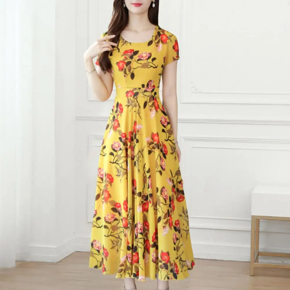 

Versatile Classic Vivid Flower Pattern T-shirt Casual Dress Stretchy Holiday Dress Pleated Large Hem Streetwear